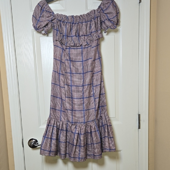 Y.SWAG Dresses & Skirts - Y.SWAG S Peplum Dress Plaid Off-Shoulder Academia CUTE Cottage Prairie Milk Maid